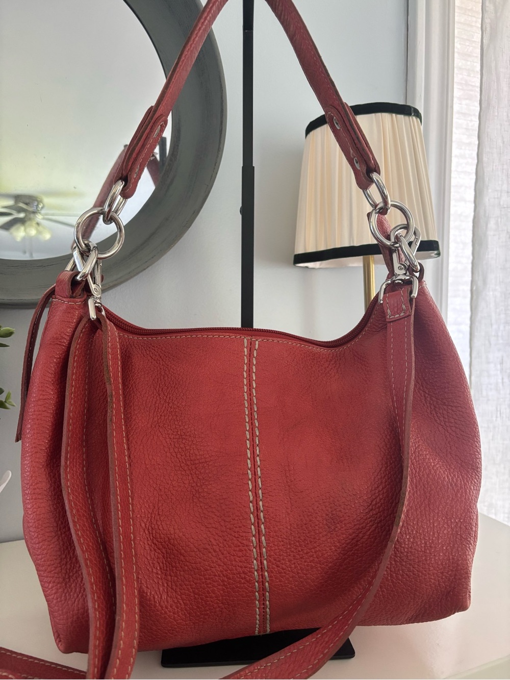 Roots burnt orange Leather Crossbody Bag with Silver Hardware